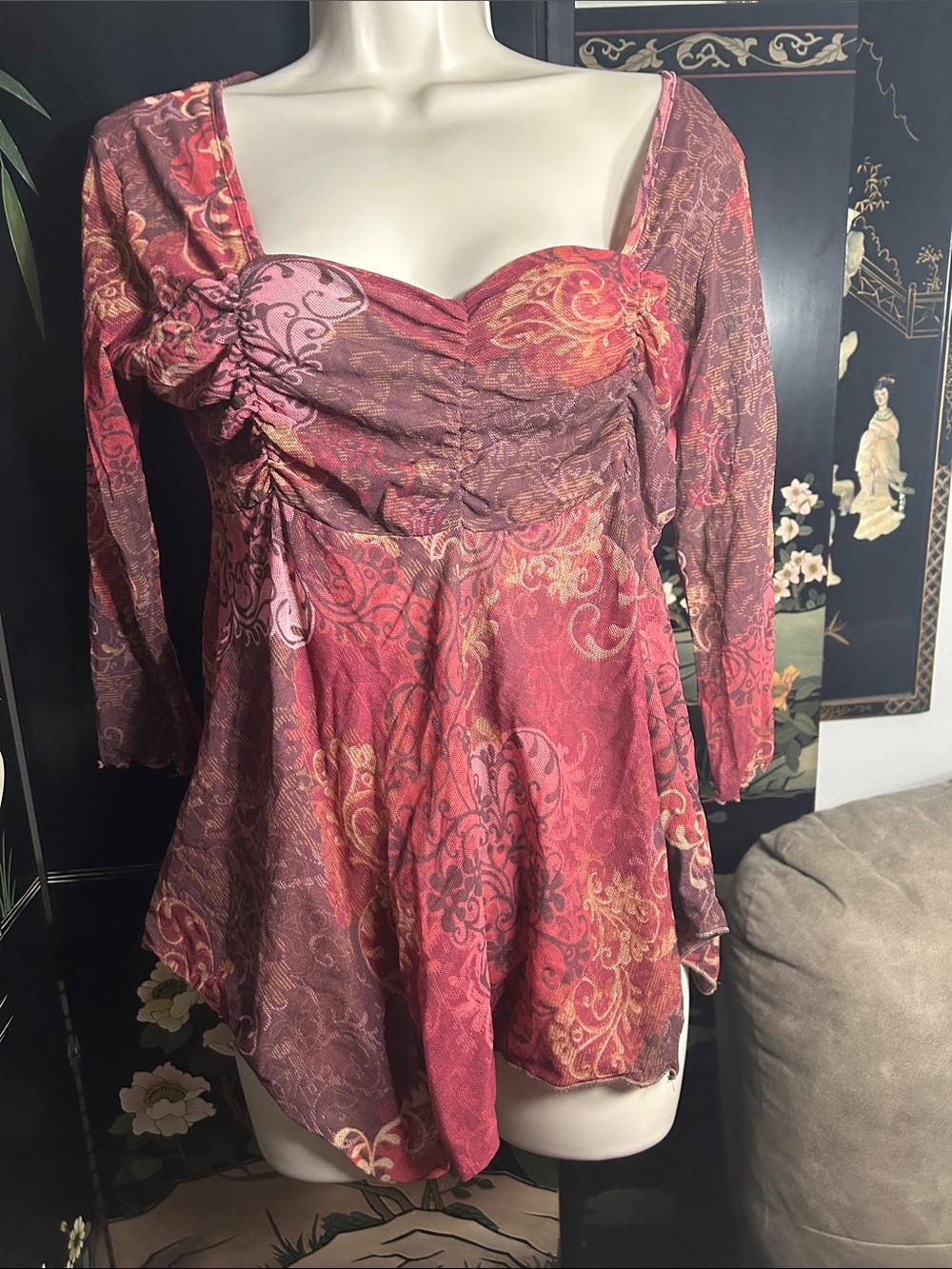 cha cha vente Pink Purple and Gold Swirl Peplum Long-Sleeve Top